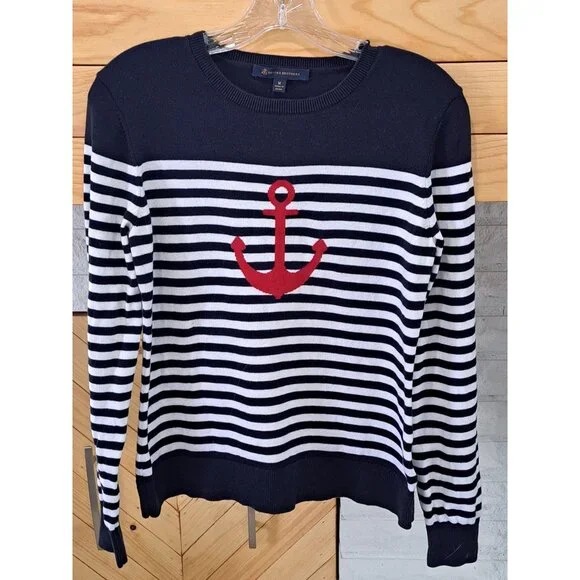 Brooks Brothers Nautical Black & White Striped Sweater Red Anchor Womens Med - Picture 5 of 10